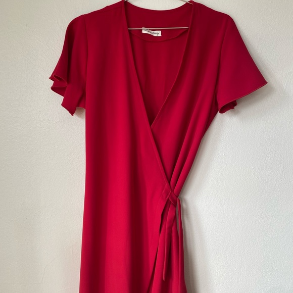 Designer Mini Red Wrap Dress size M - Picture 2 of 7